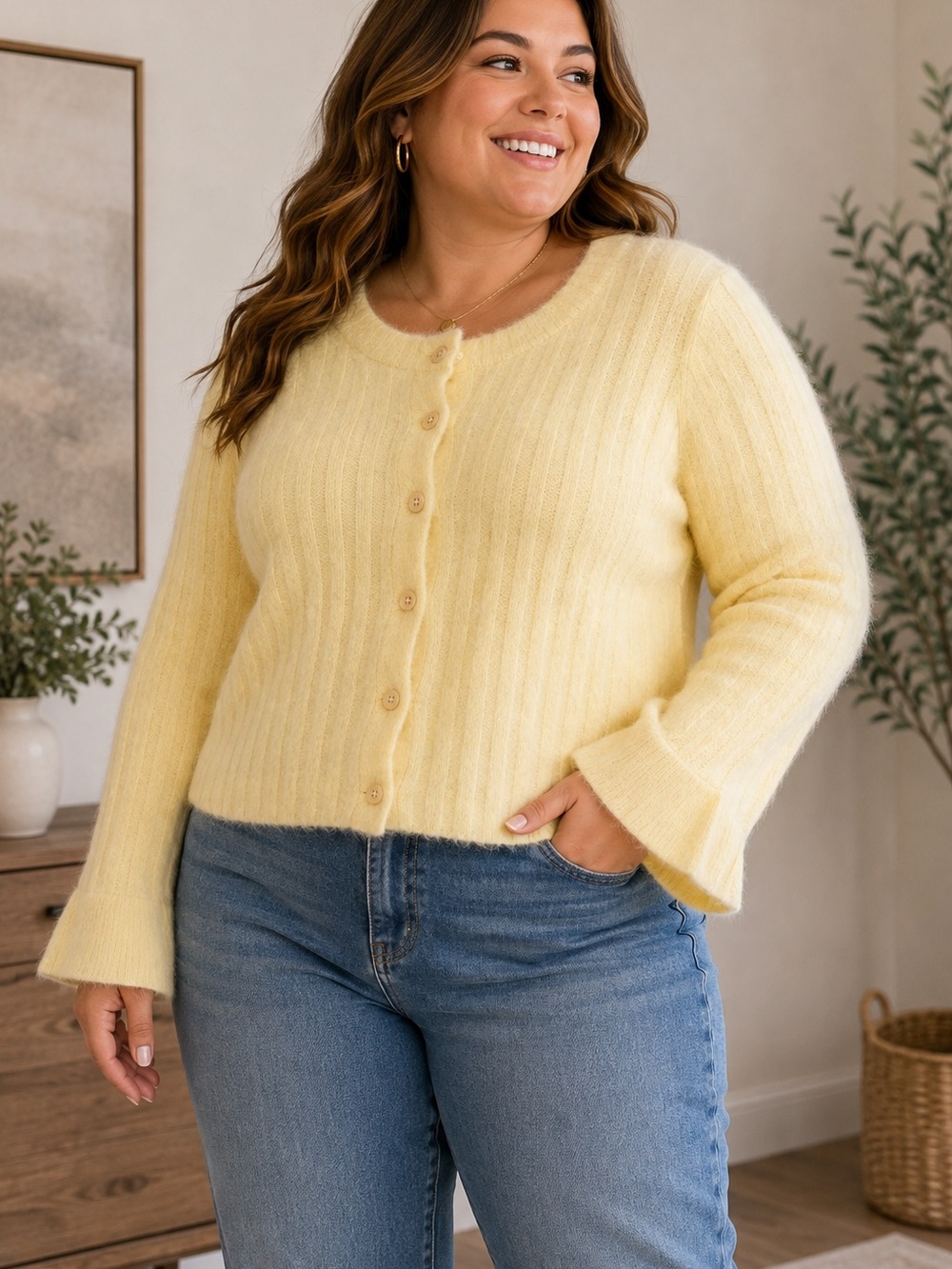 wild fable Pale Yellow Ribbed Button-Up Cardigan